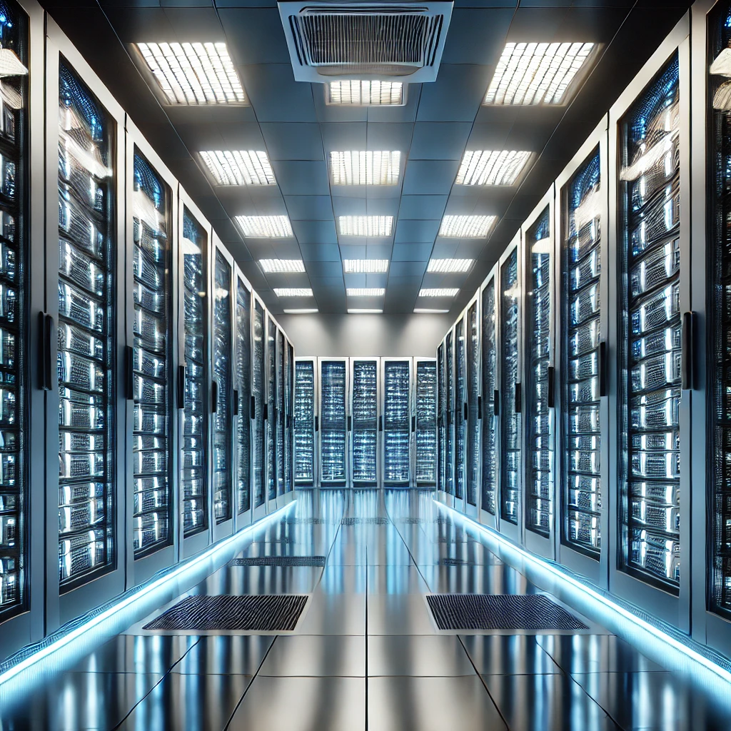 A modern hyperscale AI data center — long rows of sleek server racks